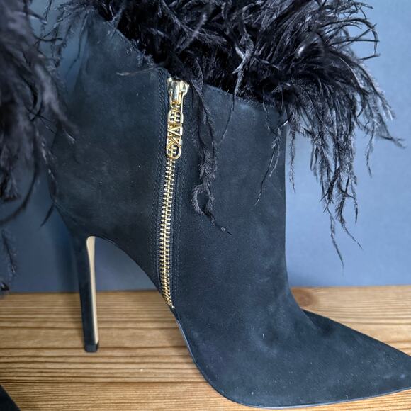 Michael Kors Black Suede Feather Trim Whitby Heeled Pointed Toe Booties Women 10 - Picture 8 of 11